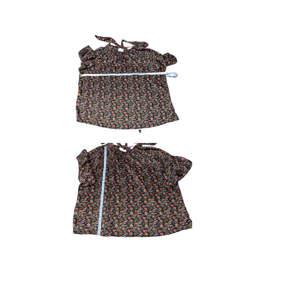 LOFT XL Black Floral Metallic Thread Tie Neck Boho Blouse Flowy Top - Picture 7 of 7